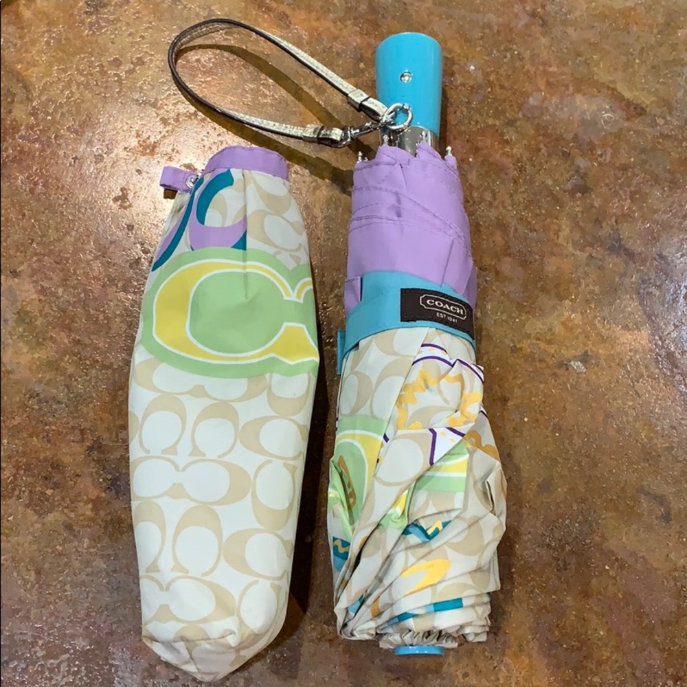 Coach poppy logo bright colors khaki umbrella